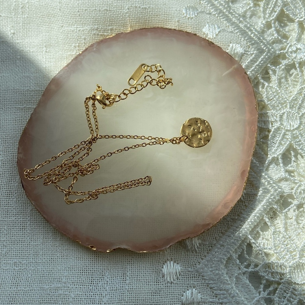 Dainty Hammered COIN Necklace | GOLD Stainless‎ Steel Mini Pendant - Picture 3 of 7